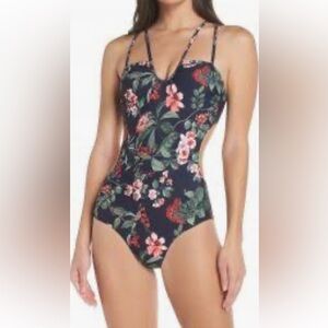 Chelsea28 Floral Halter Swimsuit in Black and Red